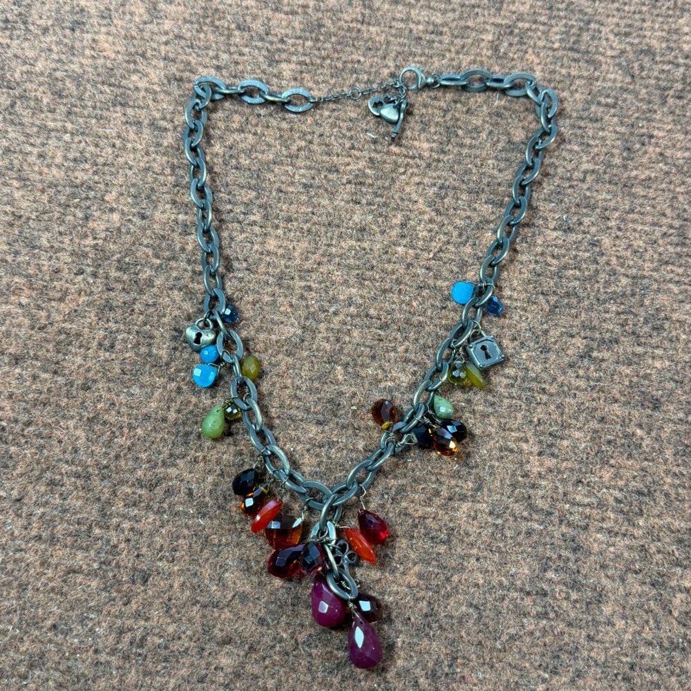 Fossil Multi Color Bead Charm Necklace Gunmetal Lock Key Heart Boho 18-20 Inch